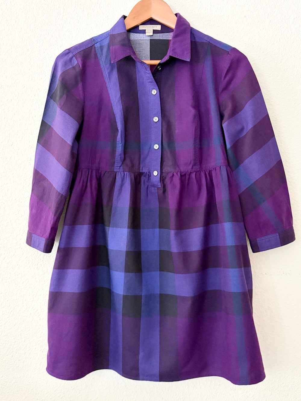 Burberry Brit Purple Cotton Dressshirt Dress 3/4 Sleeve Size S Pockets